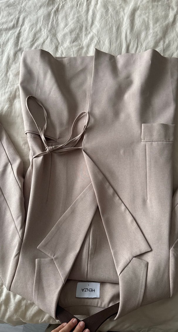 Bej Kadın Uzun Kemerli Blazer Takım  Ceket - Görsel 3