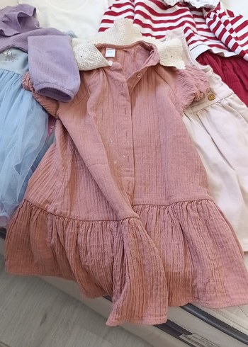 Pembe Keten Kısa Kollu Fırfırlı Kız Elbisesi