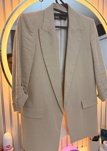 Zara Bej Kadin Keten Midi Blazer