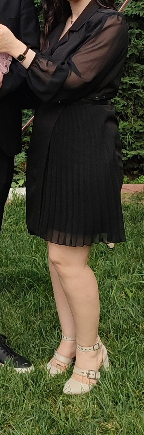 Siyah Piliseli Uzun Kollu düğmeli astarlı  Elbise - Görsel 2