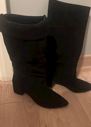 Siyah Süet Kadın Diz Boyu Topuklu Çizme - Görsel 3