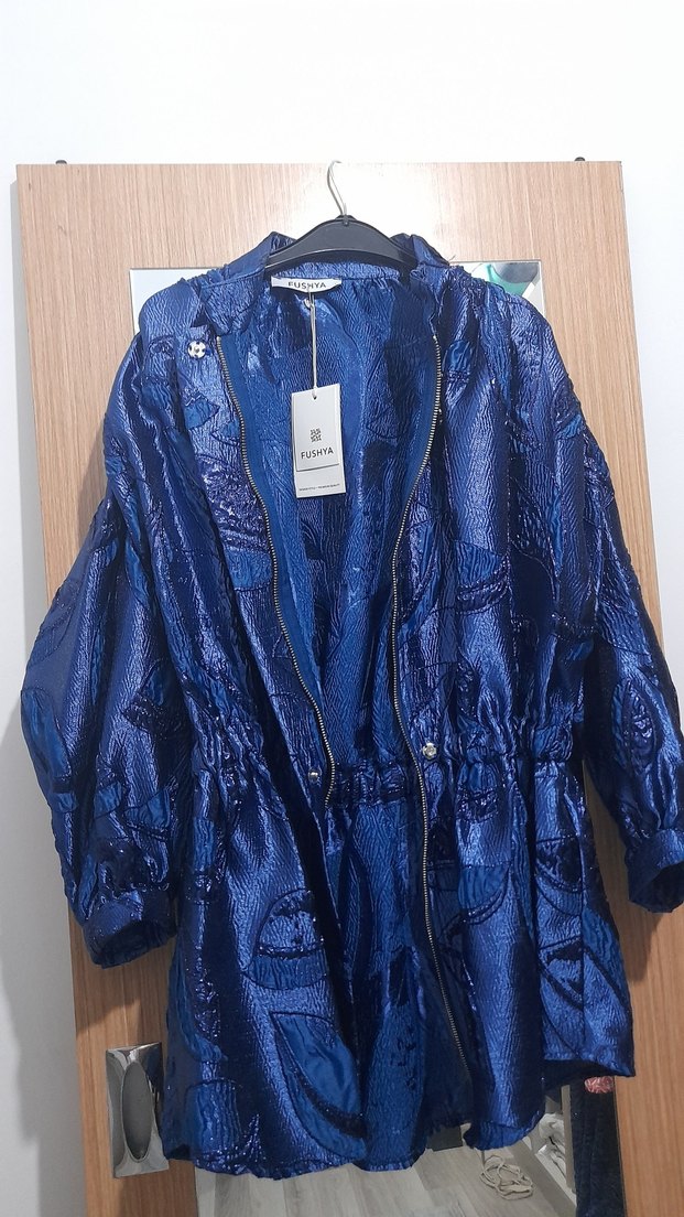 Parlak Mavi Midi Silky Salaş Ceket - Görsel 4