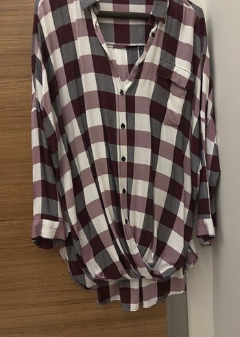 Bordo Gri Ekose Desenli Pamuklu Kadın Gömlek MANGO
