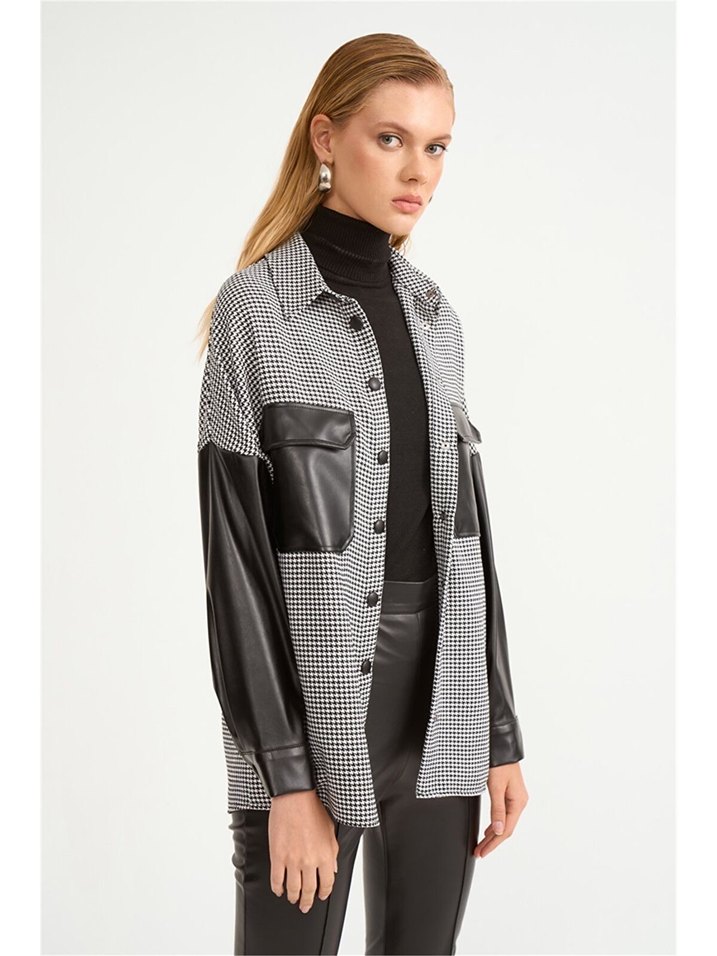 Düğmeli Gri Deri Ekose Kadın Ceket - Görsel 4