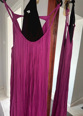 Mor Drapeli Uzun Askılı Kadın Elbise - Görsel 3
