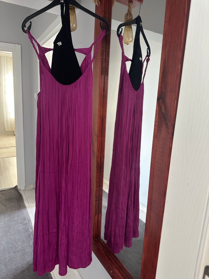 Mor Drapeli Uzun Askılı Kadın Elbise - Görsel 2