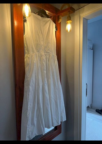 Beyaz Keten Pilili Uzun Elbise - Görsel 2