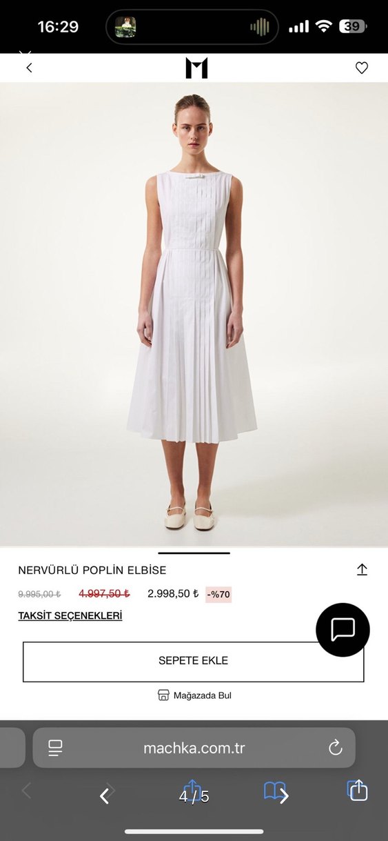 Beyaz Keten Pilili Uzun Elbise - Görsel 3