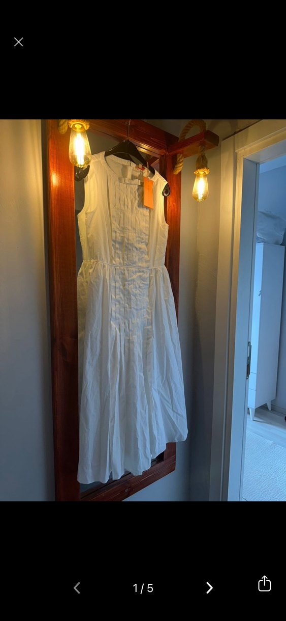 Beyaz Keten Pilili Uzun Elbise - Görsel 5