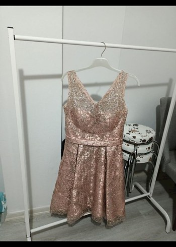 Abiye Pembe V Yaka Drapeli Midi Abiye Elbise