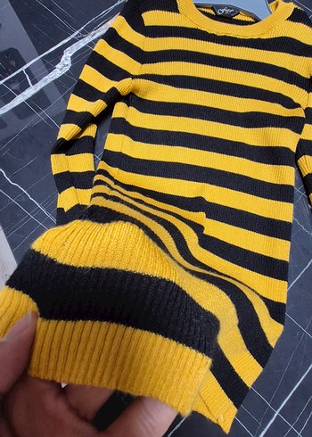 Sarı Siyah Çizgili  Triko Kadın Kazak - Görsel 4