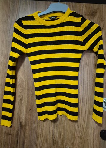 Sarı Siyah Çizgili  Triko Kadın Kazak - Görsel 3