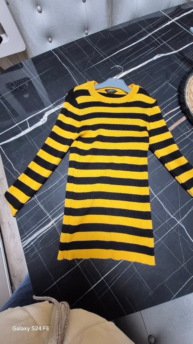 Sarı Siyah Çizgili  Triko Kadın Kazak - Görsel 5