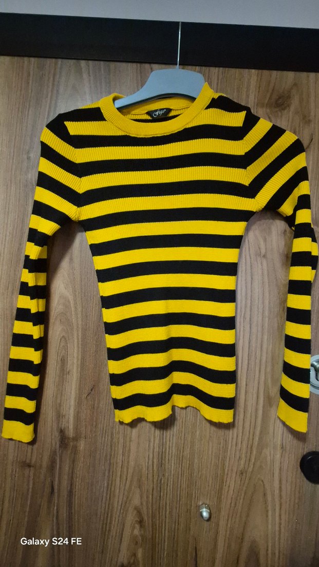 Sarı Siyah Çizgili  Triko Kadın Kazak - Görsel 3