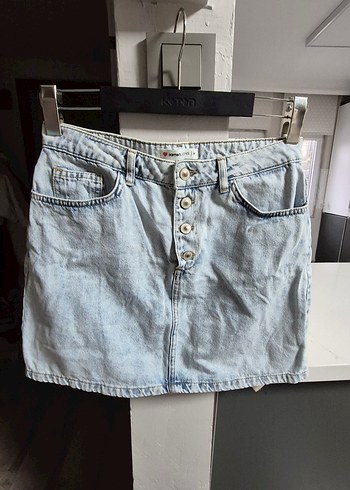 Düğmeli Mavi Denim Mini Etek - Görsel 5