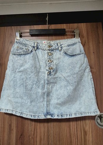 Düğmeli Mavi Denim Mini Etek - Görsel 4