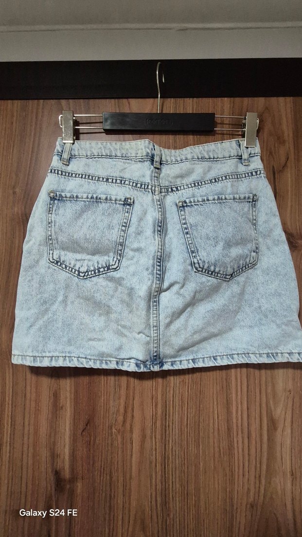 Düğmeli Mavi Denim Mini Etek - Görsel 3