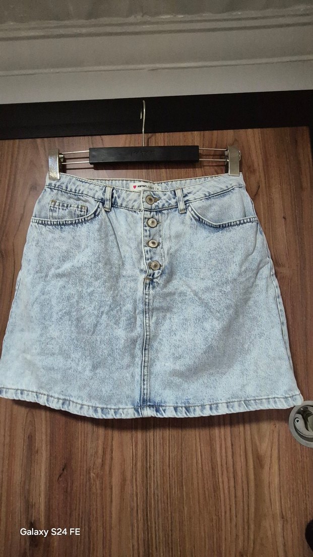 Düğmeli Mavi Denim Mini Etek - Görsel 4