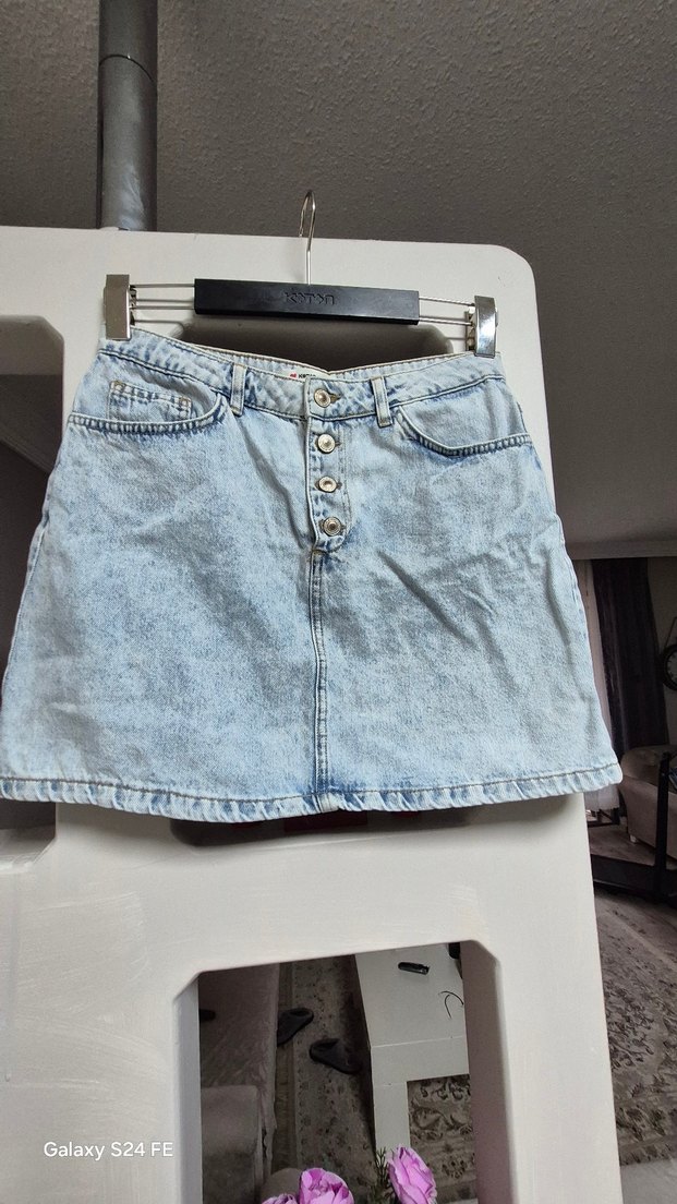Düğmeli Mavi Denim Mini Etek - Görsel 2