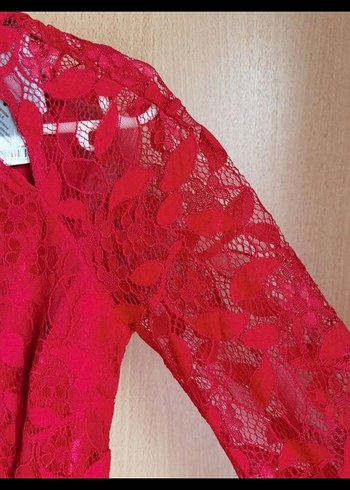 Kırmızı Dantelli Yüksek Yakalı Mini Elbise - Görsel 6