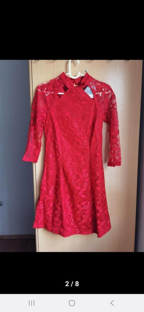 Kırmızı Dantelli Yüksek Yakalı Mini Elbise - Görsel 2