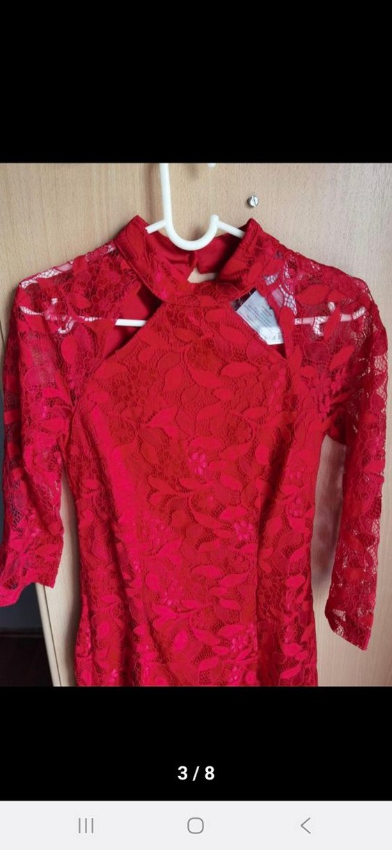 Kırmızı Dantelli Yüksek Yakalı Mini Elbise - Görsel 3