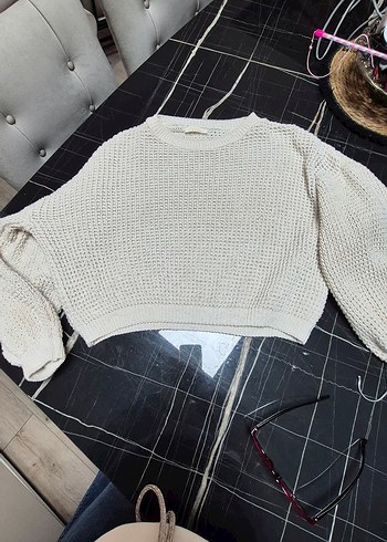 Beyaz Örgü Kadın Mini Kazak - Görsel 6