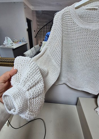 Beyaz Örgü Kadın Mini Kazak - Görsel 4