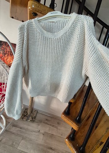 Beyaz Örgü Kadın Mini Kazak - Görsel 2