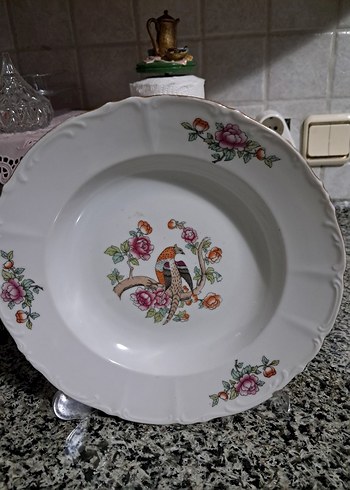 100 yıllık tavus kuşu ve çiçek desenli antika tabak. - Görsel 3