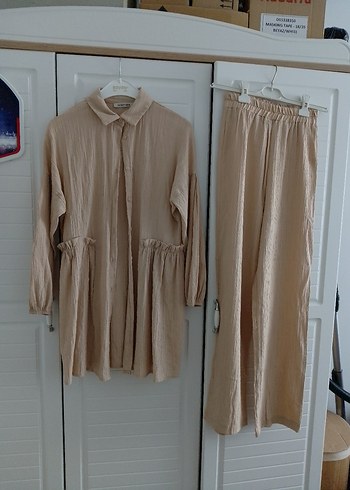 Bej Midi Keten Rahat takım elbise - Görsel 5