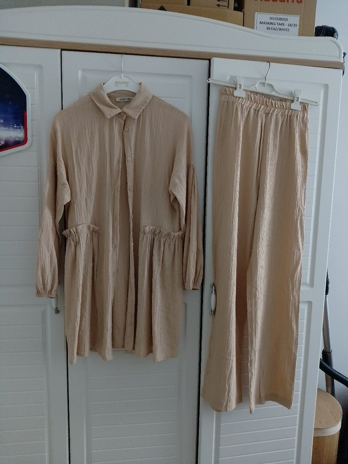 Bej Midi Keten Rahat takım elbise - Görsel 5