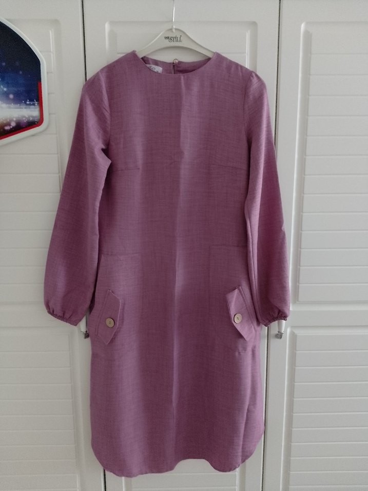 Kadın Mor Keten Düğmeli Midi Tunik - Görsel 2