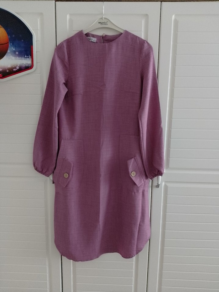 Kadın Mor Keten Düğmeli Midi Tunik - Görsel 5