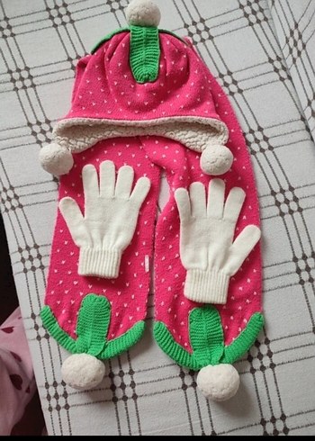 2-3 Yaş, 20 cm Beden pembe Renk Renkli Nakışlı Çocuk Bere, Atkı ve Eldiven Seti