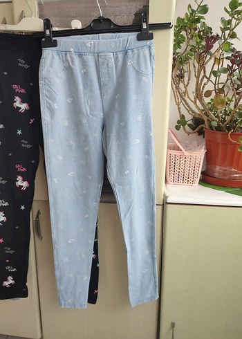 9 Yaş Beden Kızlar için Elastik Bel Baskılı Denim Pantolon taytı
