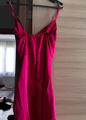 l Beden Pembe Drapeli Askılı Mini Abiye Elbise