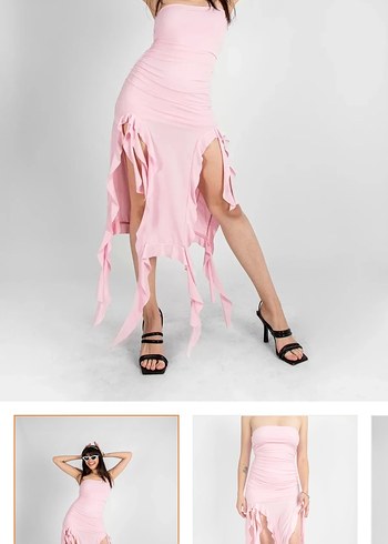 Pembe Straplez Uzun fırfırlı Elbise