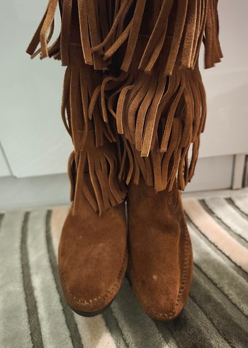 Püsküllü Kahverengi Süet Kadın vizmey - Görsel 3