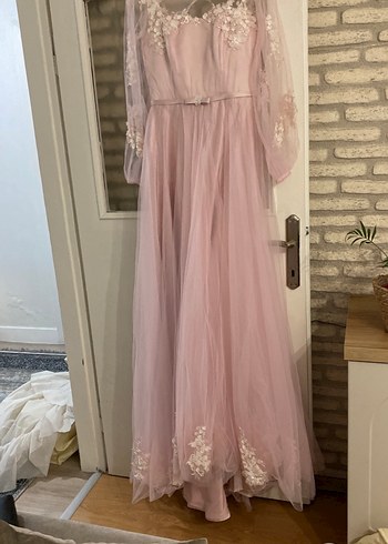 Dantel Detaylı Pembe Uzun Abiye Elbiseıkı kol arası 45 - Görsel 5