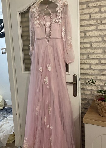 Dantel Detaylı Pembe Uzun Abiye Elbiseıkı kol arası 45 - Görsel 6