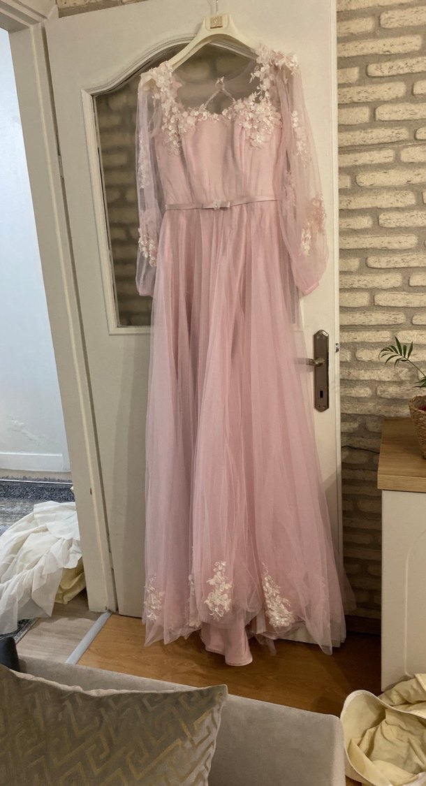 Dantel Detaylı Pembe Uzun Abiye Elbiseıkı kol arası 45 - Görsel 5