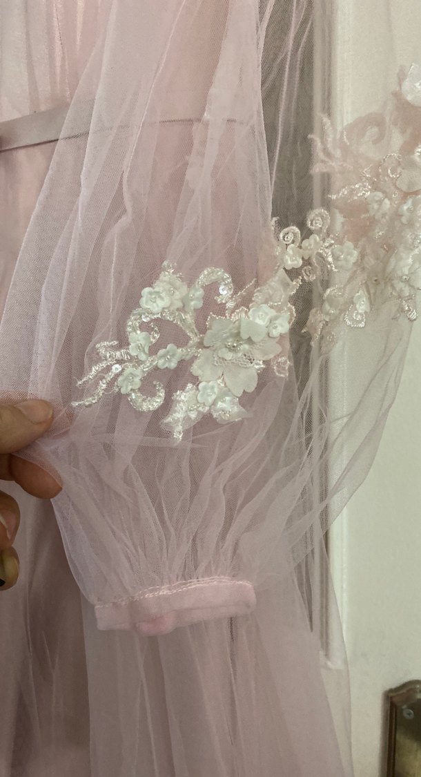 Dantel Detaylı Pembe Uzun Abiye Elbiseıkı kol arası 45 - Görsel 3