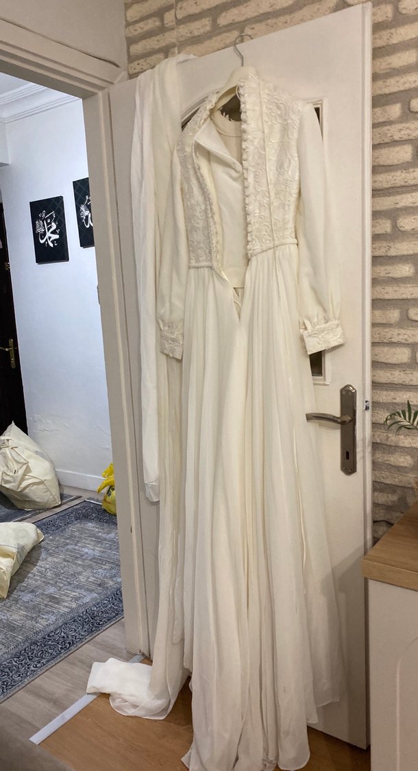 1 defa gıyıldı gelınlık süt rengı uzunluk ünü 155 arka 190 - Görsel 5