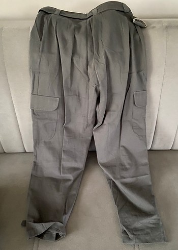 m Beden Gri Kemerli Kadın Keten Pantolon