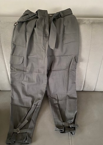 Gri Kemerli Kadın Keten Pantolon