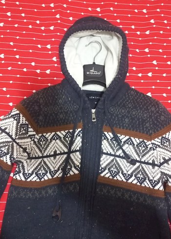 Desenli Gri Yün Kapüşonlu Erkek Hırka - Görsel 3