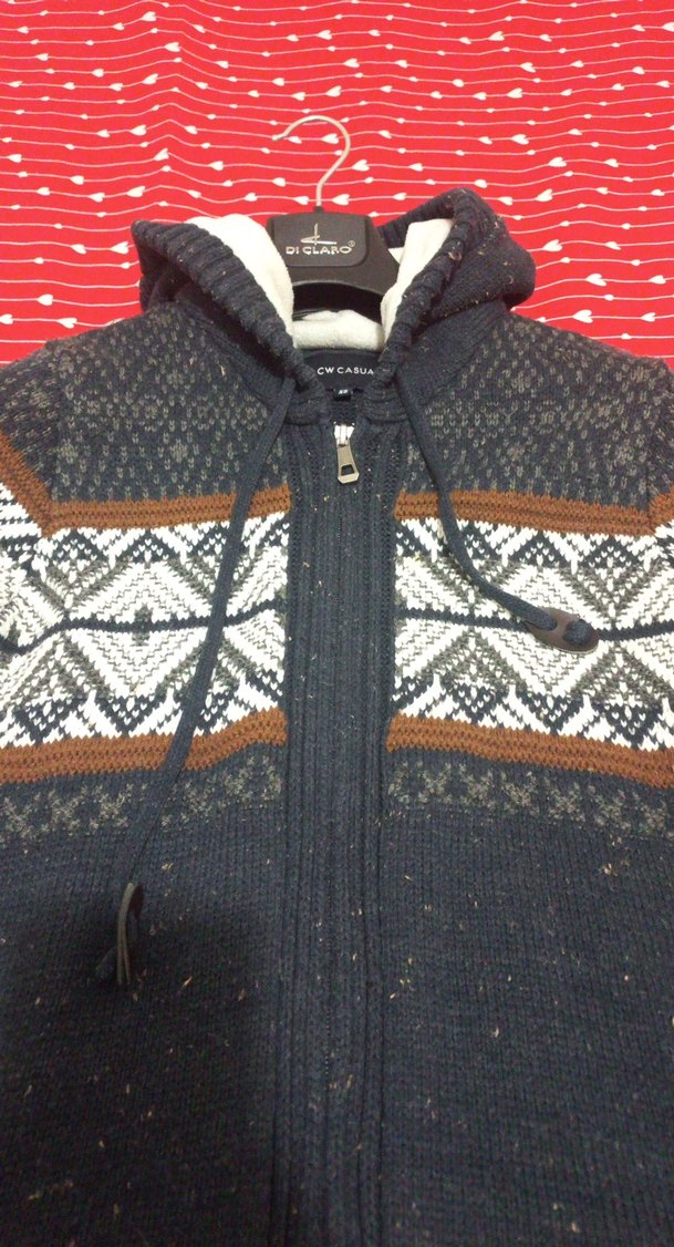 Desenli Gri Yün Kapüşonlu Erkek Hırka - Görsel 2