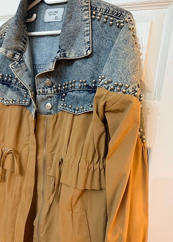 m Beden Düğmeli Kahverengi Denim Garnili Kadın Ceket