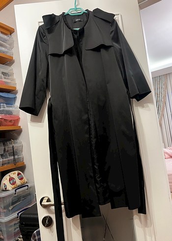 Siyah Uzun Kadın Trençkot Drapeli - Görsel 2